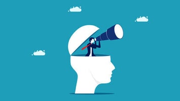 personne regardant à travers une longue-vue depuis l'intérieur d'une tête ouverte, symbolisant l'exploration de nouvelles idées et la découverte d'opportunités inattendues grâce à la sérendipité